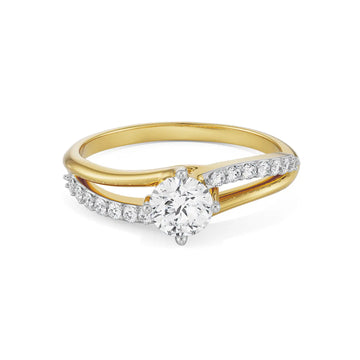 Yellow Gold Split Shank Diamond Ring | Round Center with Pavé Accents