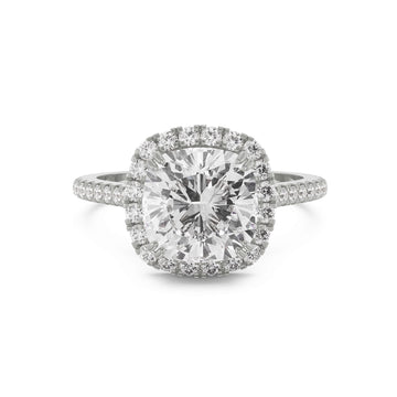 18K White Gold Cushion Cut Diamond Engagement Ring Halo & Pavé Band