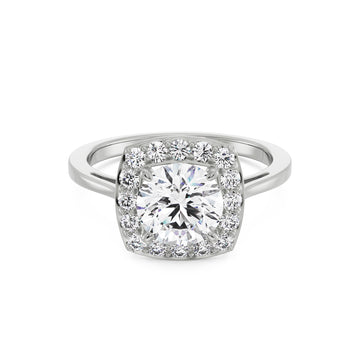 18K White Gold Cushion Halo Round Diamond Engagement Ring