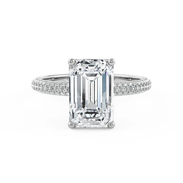 18K White Gold Emerald Cut Diamond Engagement Ring with Triple Row Pave Band