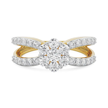 18K Yellow Gold Cluster Diamond Ring with Split Pavé Band