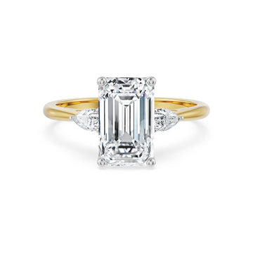 18K Yellow Gold Emerald Cut Diamond Engagement Ring with Pear Side Stones