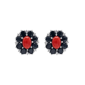 925 Silver Cubic Zirconias, Black Onyx Red Coral Earrings
