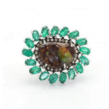 925 Silver Fire Agate & Emerald Gemstone Ring