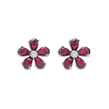 925 Silver Floral Rhodolite Earrings White Gold Plated