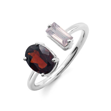 Asymmetrical Toi et Moi Ring with Oval Garnet & Baguette Rose Quartz in Sterling Silver