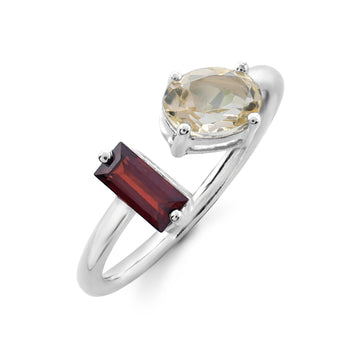 Asymmetrical Toi et Moi Ring with Baguette Garnet & Oval Citrine in Sterling Silver