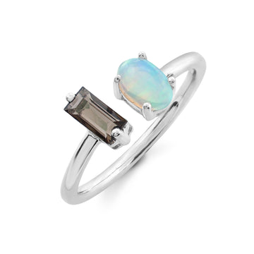 Asymmetrical Toi et Moi Ring with Opal Cabochon & Baguette Smoky Quartz in Sterling Silver