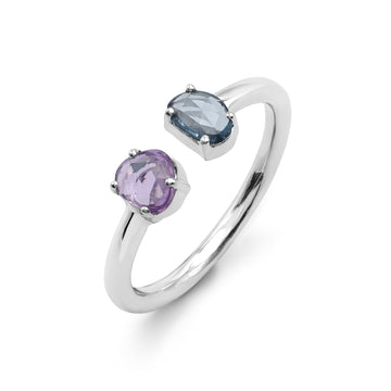 Minimalist Toi et Moi Open Ring with Oval Purple & Blue Sapphire in 925 Sterling Silver