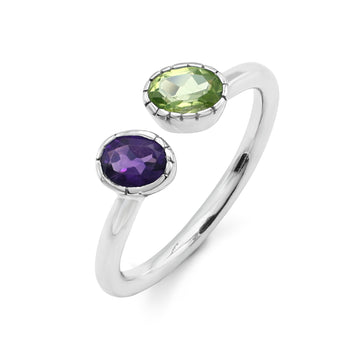 Toi et Moi Open Ring with Oval Amethyst & Peridot in Milgrain Bezel Setting