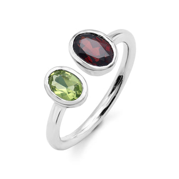 Minimalist Toi et Moi Ring with Bezel-Set Oval Peridot & Garnet in Sterling Silver