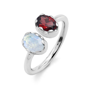 Mystical Toi et Moi Ring with Rainbow Moonstone & Garnet in Crown Bezel Setting