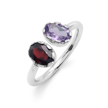 Toi et Moi Open Ring with Oval Garnet & Amethyst in Crown Bezel Setting