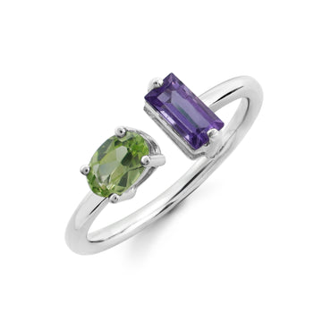 Modern Toi et Moi Ring with Oval Peridot & Baguette Amethyst in Sterling Silver