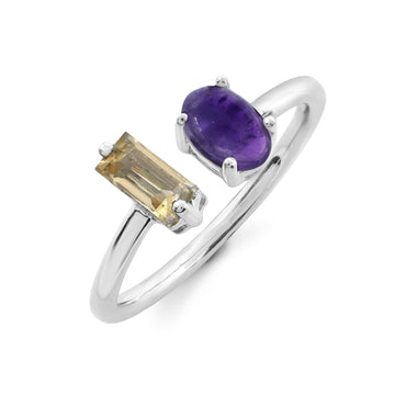 Asymmetrical Toi et Moi Ring with Baguette Citrine & Amethyst Cabochon in Sterling Silver