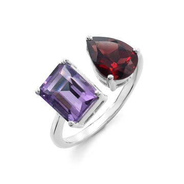 Toi et Moi Statement Ring with Emerald-Cut Amethyst & Pear-Cut Garnet in 925 Sterling Silver