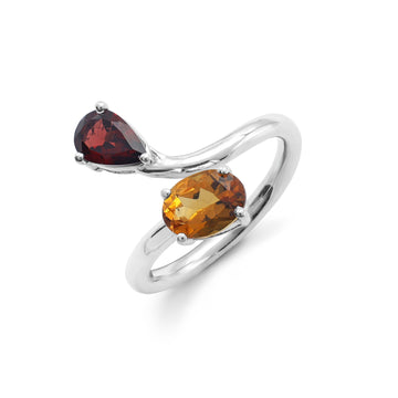 Toi et Moi Bypass Ring with Pear-Cut Garnet & Oval-Cut Citrine in 925 Sterling Silver