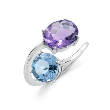 Toi et Moi Bypass Ring with Oval Amethyst & Blue Topaz in 925 Sterling Silver