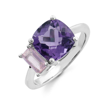 Bold Toi et Moi Statement Ring with Cushion-Cut Amethyst & Baguette Rose Quartz in Sterling Silver