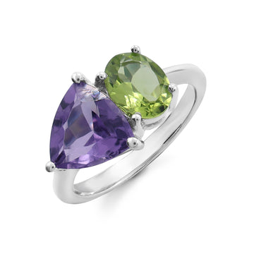 Bold Toi et Moi Ring with Trillion Amethyst & Oval Peridot in 925 Sterling Silver