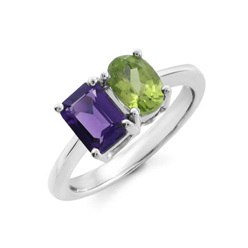 Elegant Toi et Moi Ring with Emerald-Cut Amethyst & Oval Peridot in 925 Sterling Silver