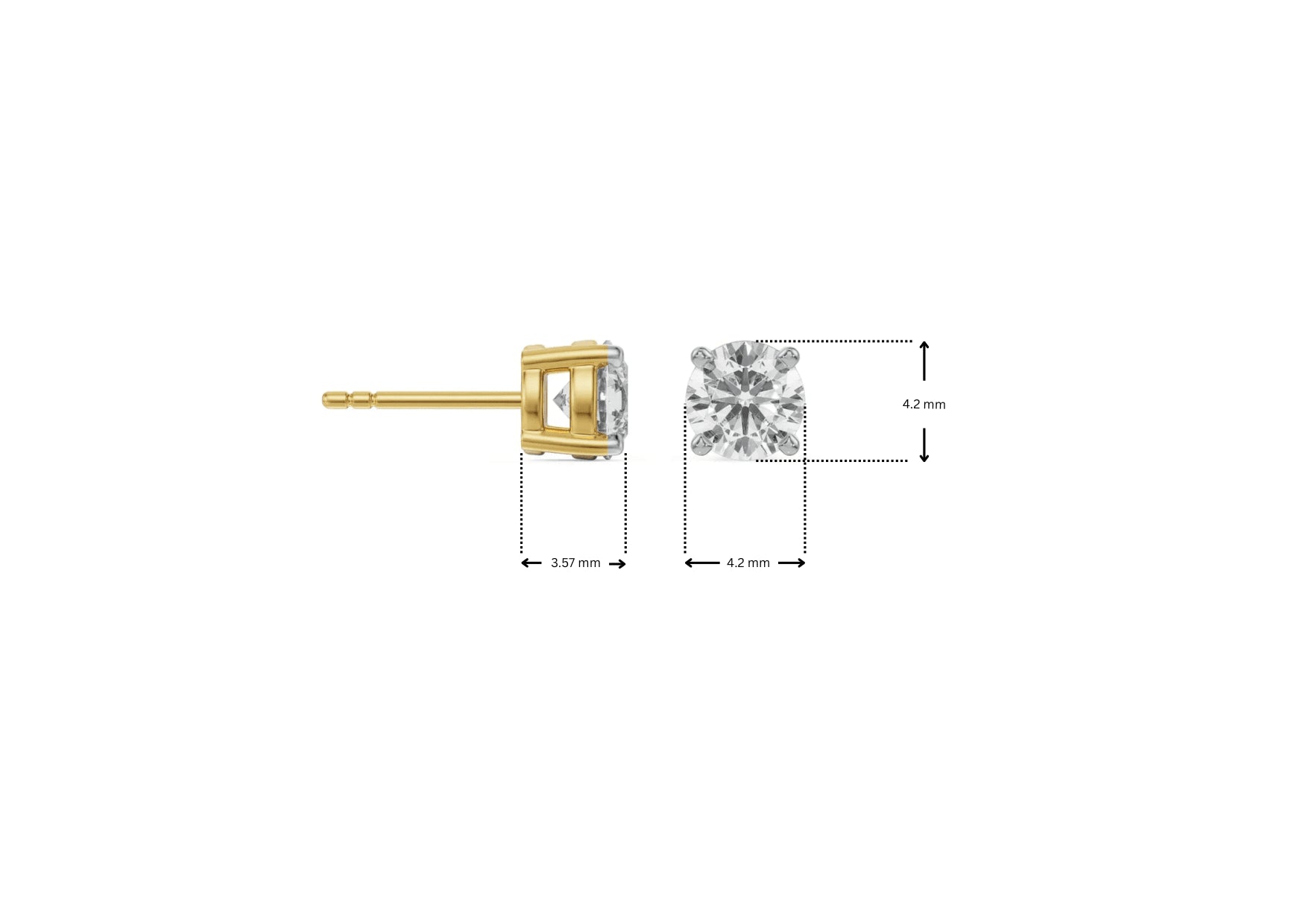 Gold stud earring with diamond and measurement details on a white background