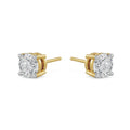 Gold stud earrings with clear gemstones on a white background
