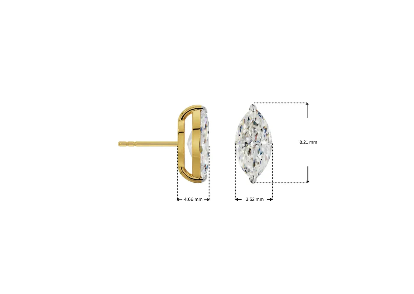 Gold earring with clear gemstone and measurement details on a white background