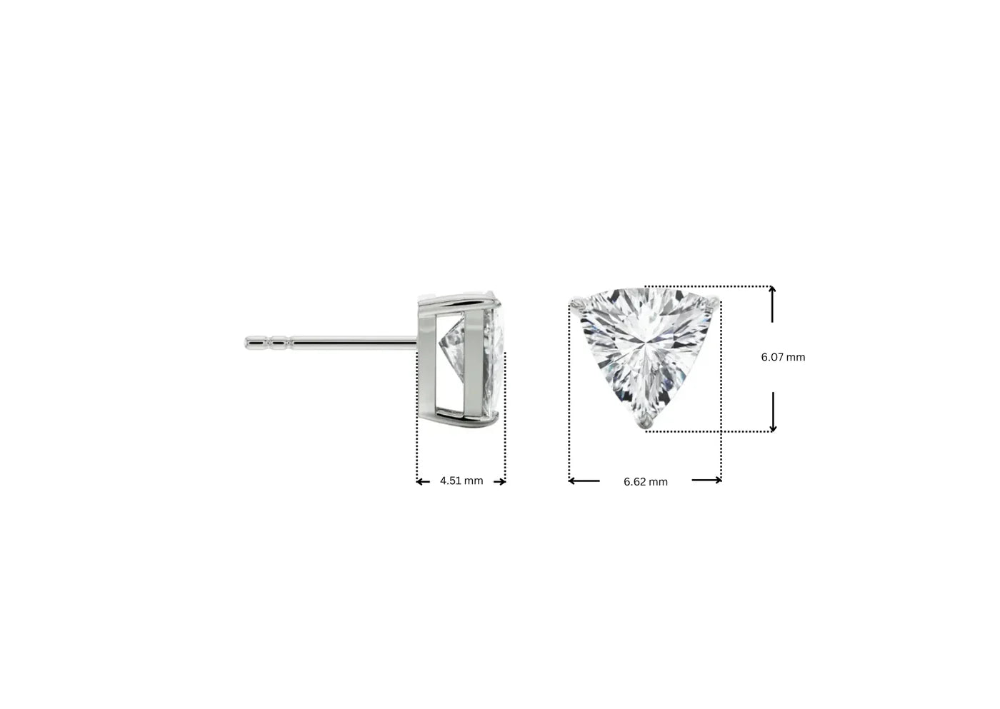 Two diamond stud earrings with measurements on a white background