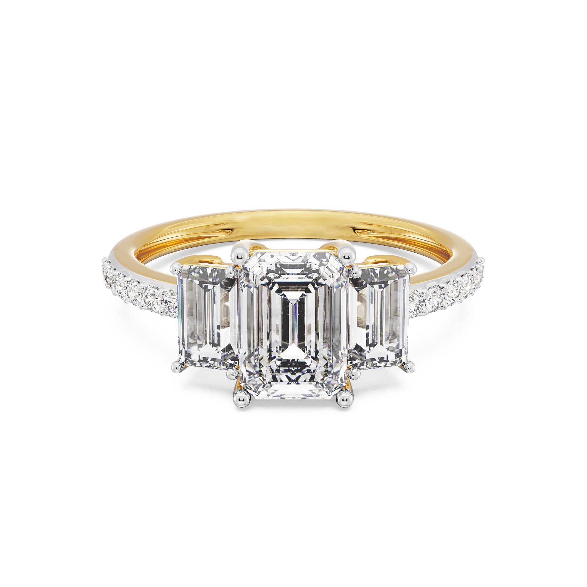 Three-Stone Emerald Cut Diamond Engagement Ring in Yellow Gold