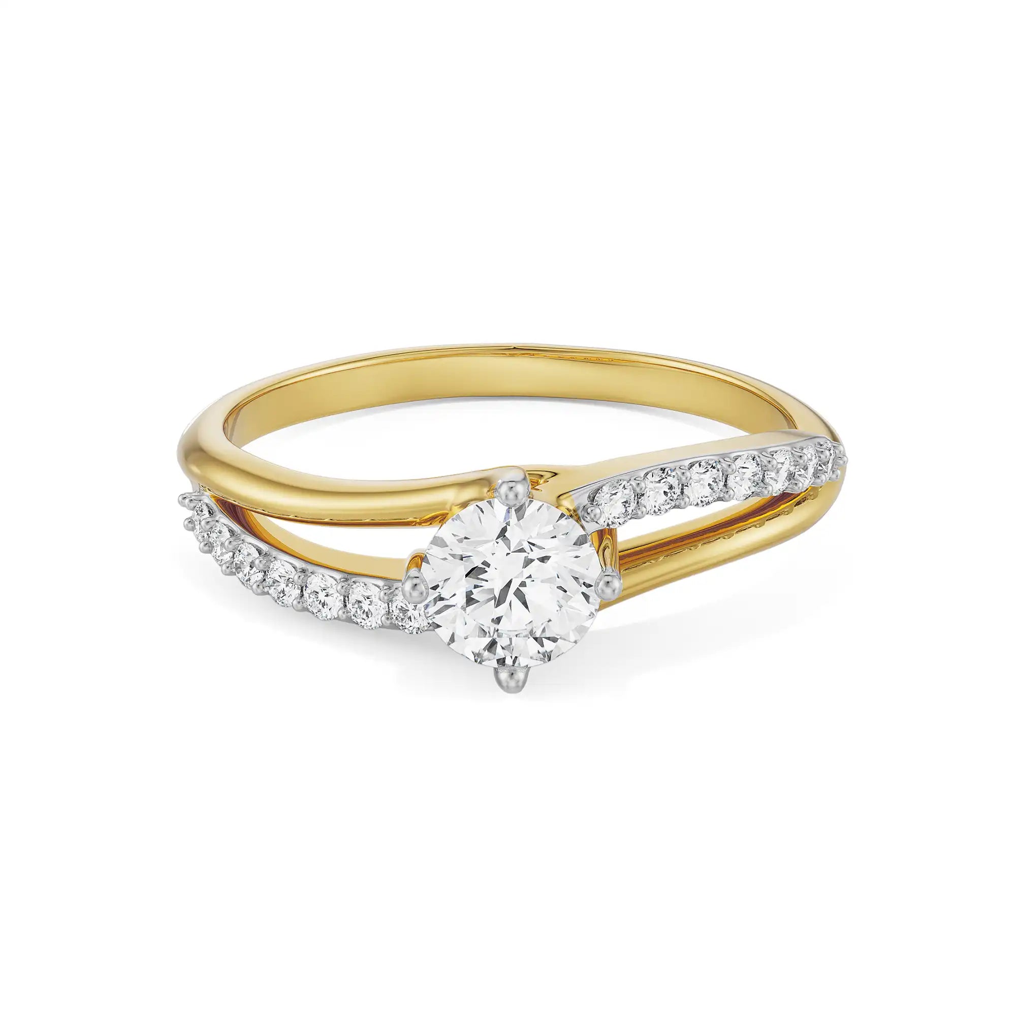 Yellow Gold Split Shank Diamond Ring | Round Center with Pavé Accents