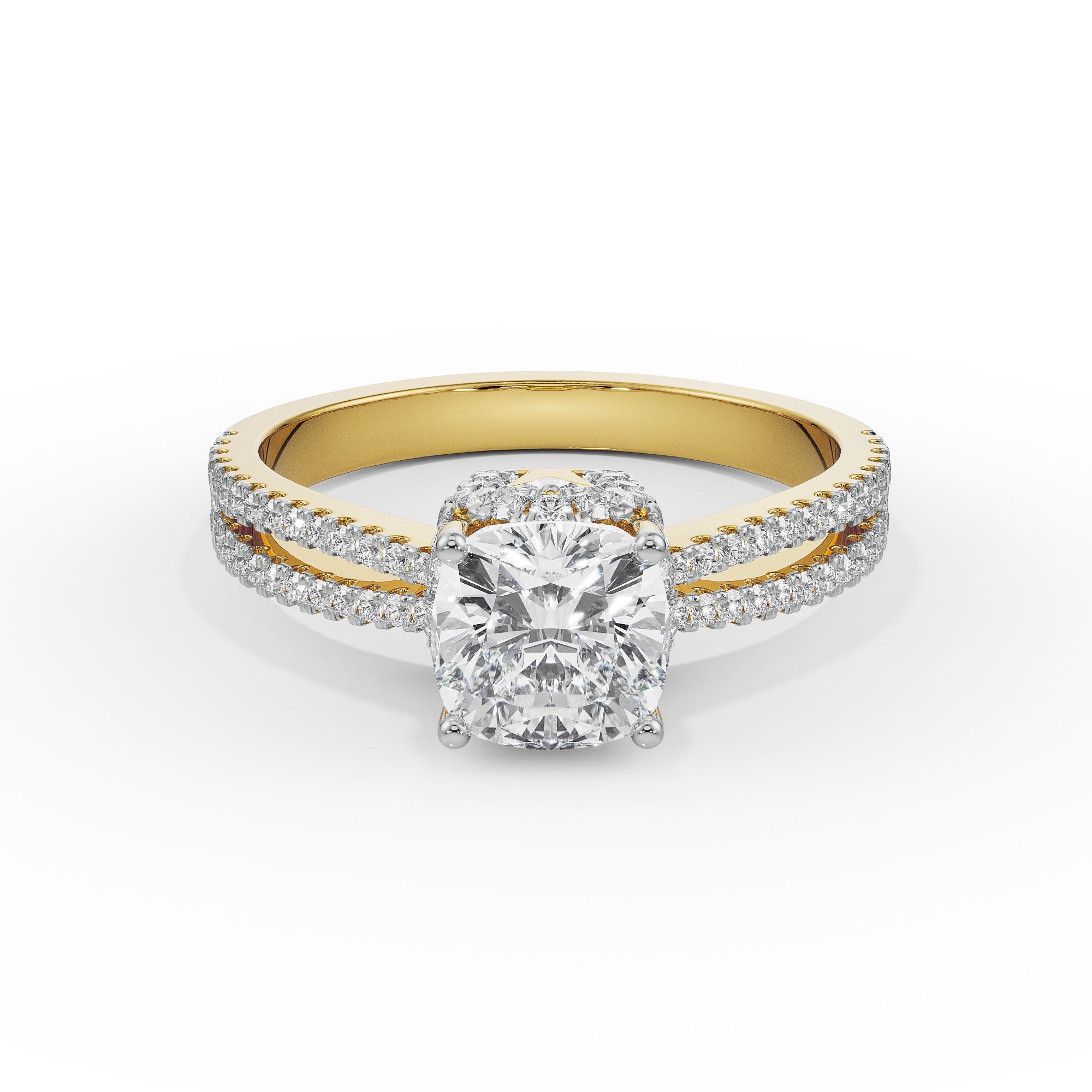 18K Solid Gold Cushion Cut Diamond Engagement Ring Double Row Pavé Setting Yellow Gold 
