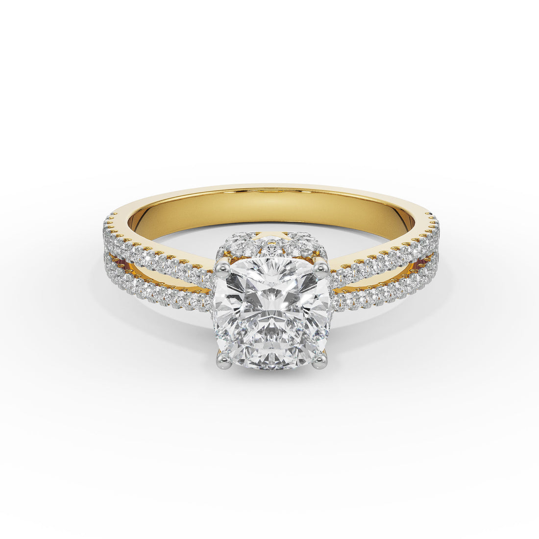 18K Solid Gold Cushion Cut Diamond Engagement Ring Double Row Pavé Setting Yellow Gold 