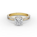 18K Solid Gold Cushion Cut Diamond Engagement Ring Double Row Pavé Setting Yellow Gold 