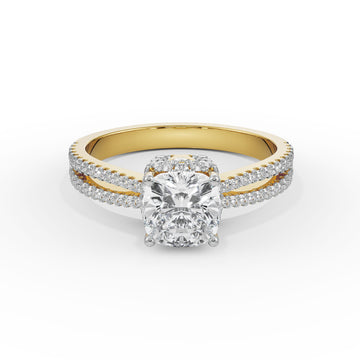18K Solid Gold Cushion Cut Diamond Engagement Ring Double Row Pavé Setting Yellow Gold 