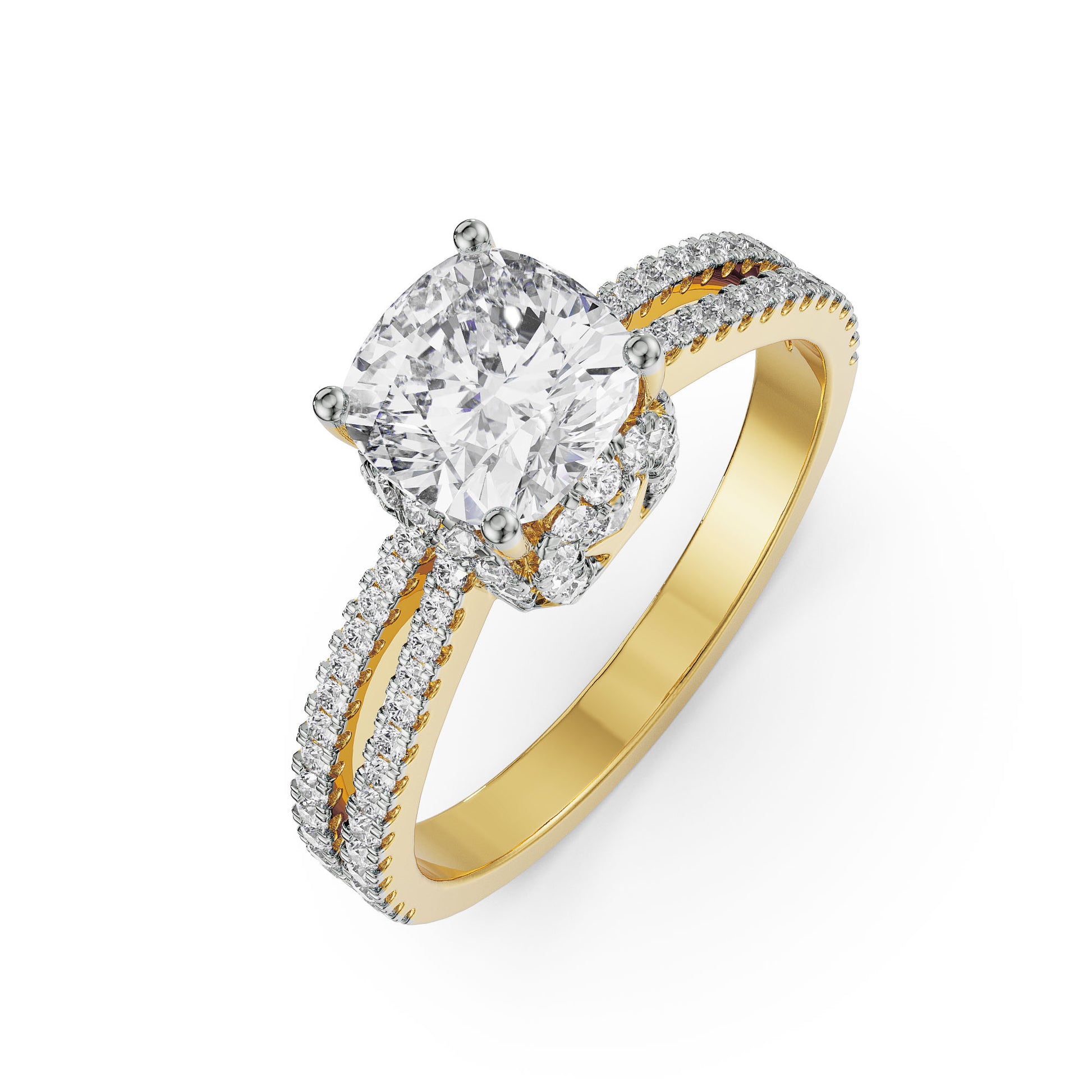 18K Solid Gold Cushion Cut Diamond Engagement Ring Double Row Pavé Setting Yellow Gold Front View