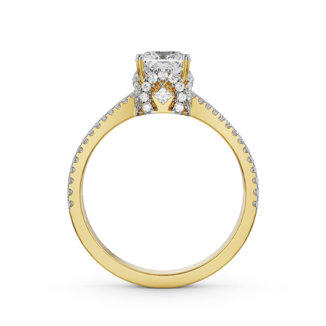 18K Solid Gold Cushion Cut Diamond Engagement Ring Double Row Pavé Setting Yellow Gold 