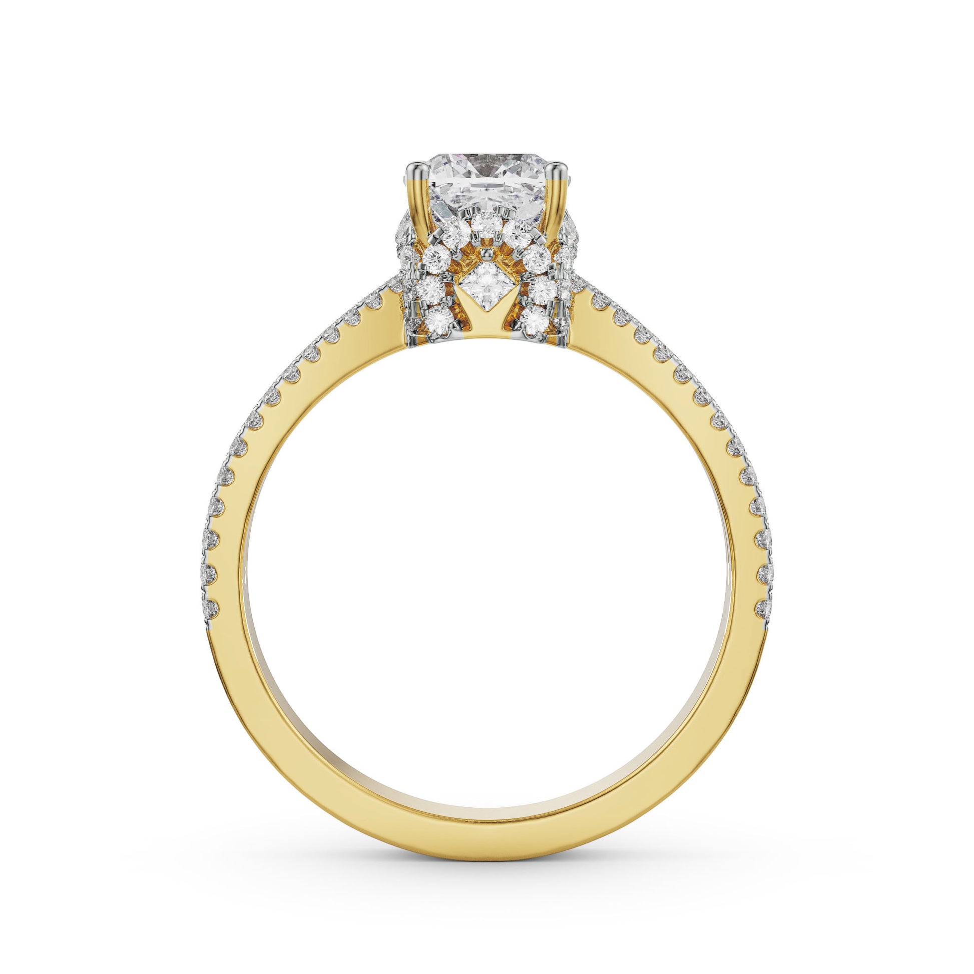 18K Solid Gold Cushion Cut Diamond Engagement Ring Double Row Pavé Setting Yellow Gold Side View