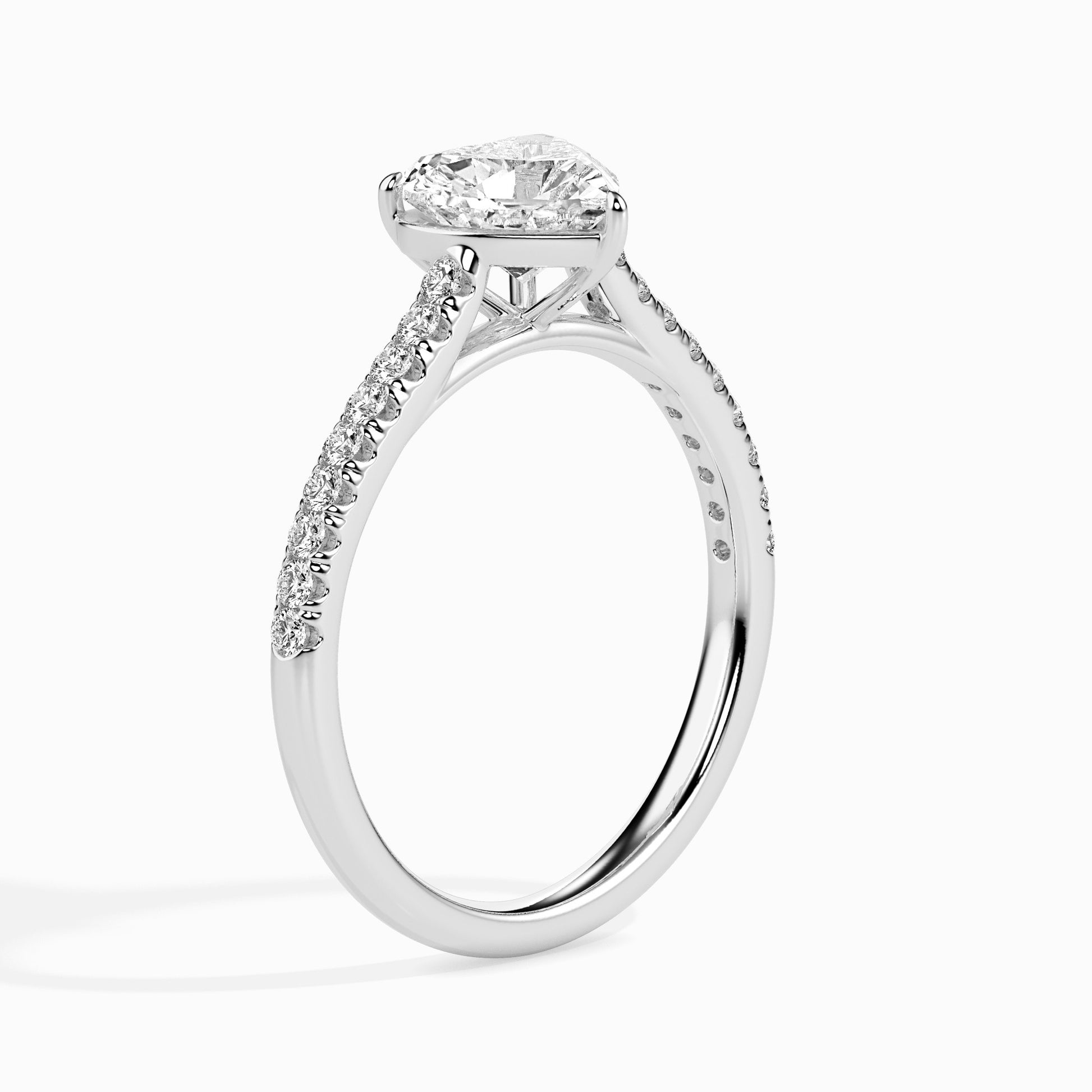 18K Solid Gold Heart-Shaped Diamond Ring Pavé Band Romance White Gold Side View 2 La Joyeria