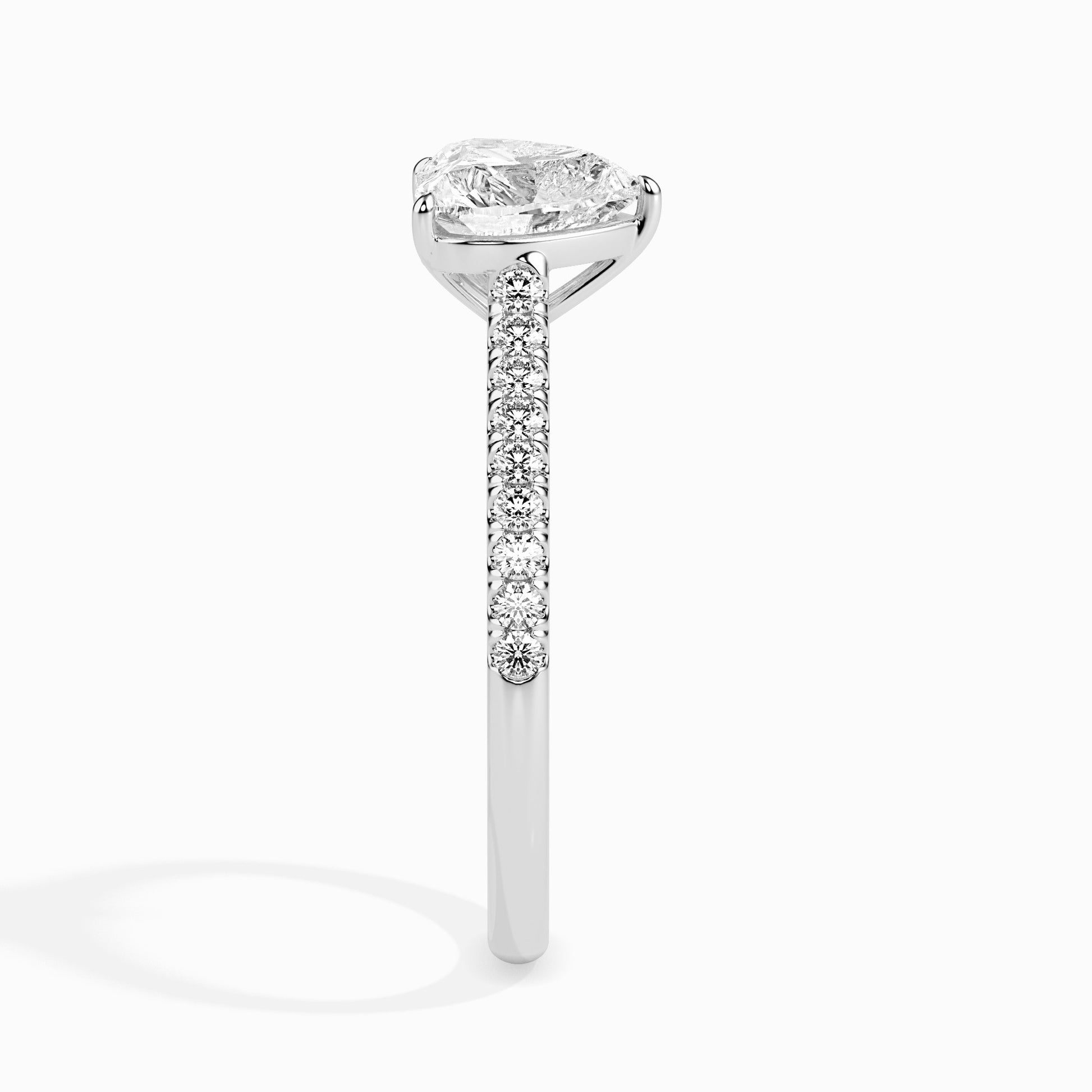 18K Solid Gold Heart-Shaped Diamond Ring Pavé Band Romance White Gold Side View 3 La Joyeria