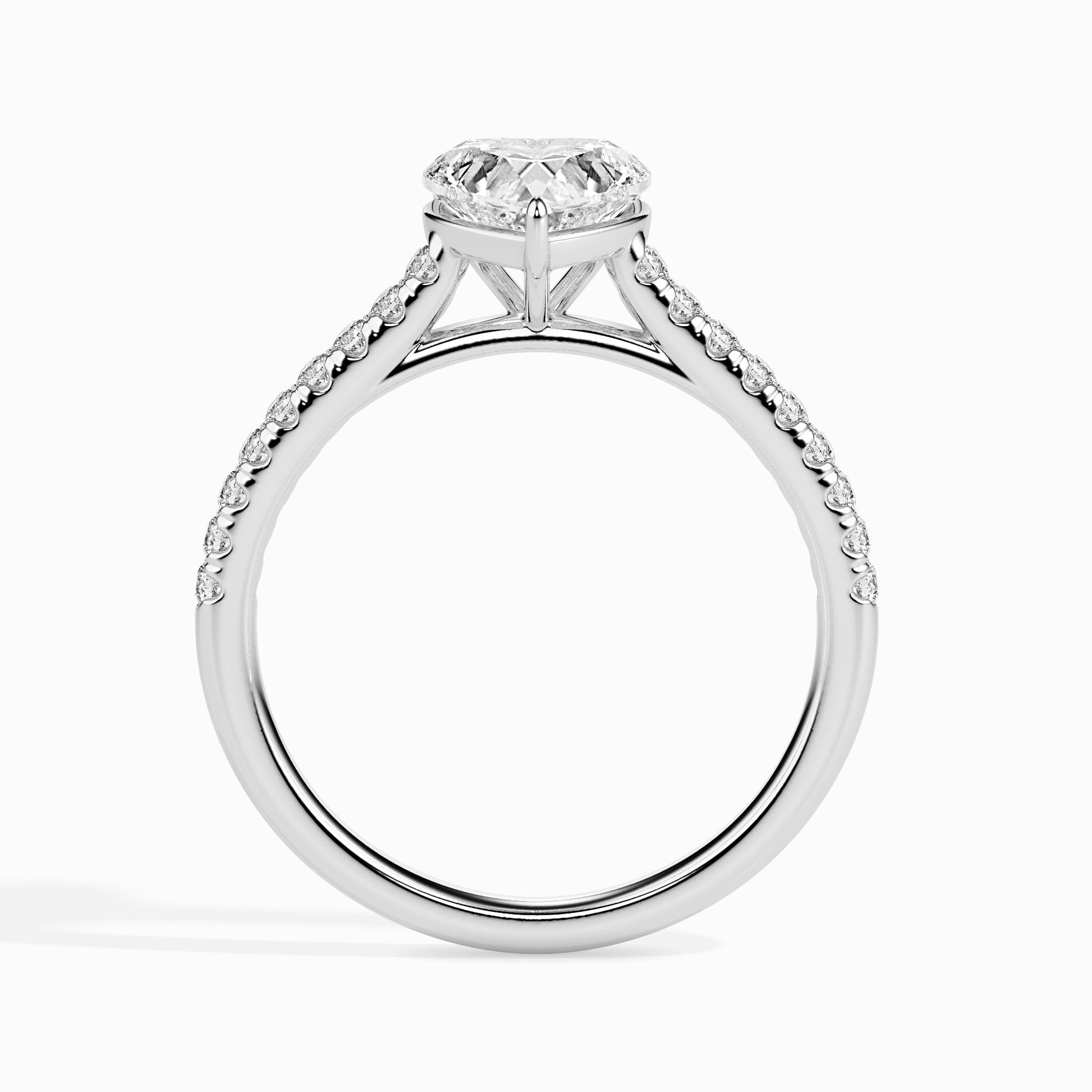 18K Solid Gold Heart-Shaped Diamond Ring Pavé Band Romance White Gold Side View La Joyeria