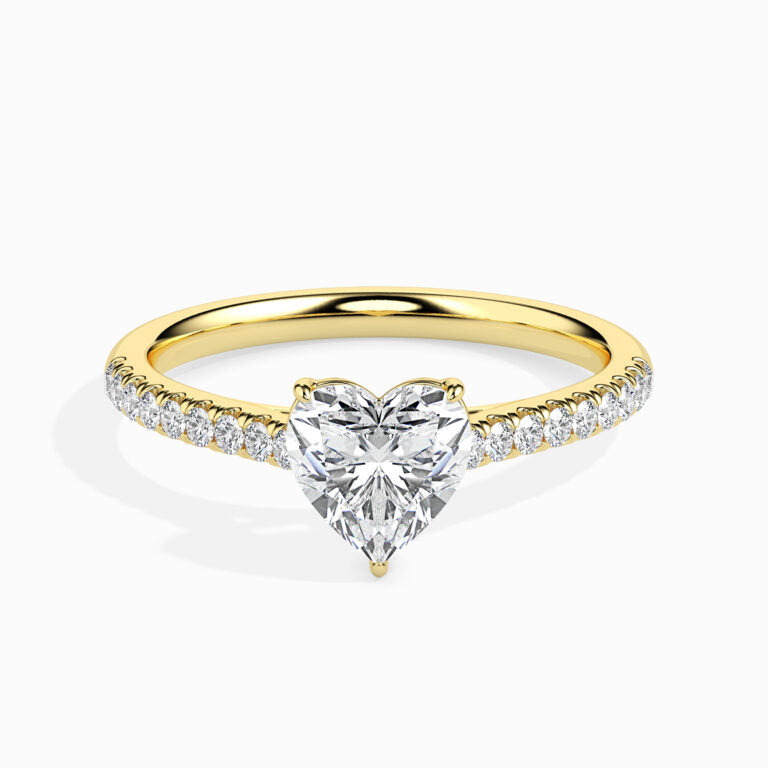 18K Solid Gold Heart-Shaped Diamond Ring Pavé Band Romance Yellow Gold