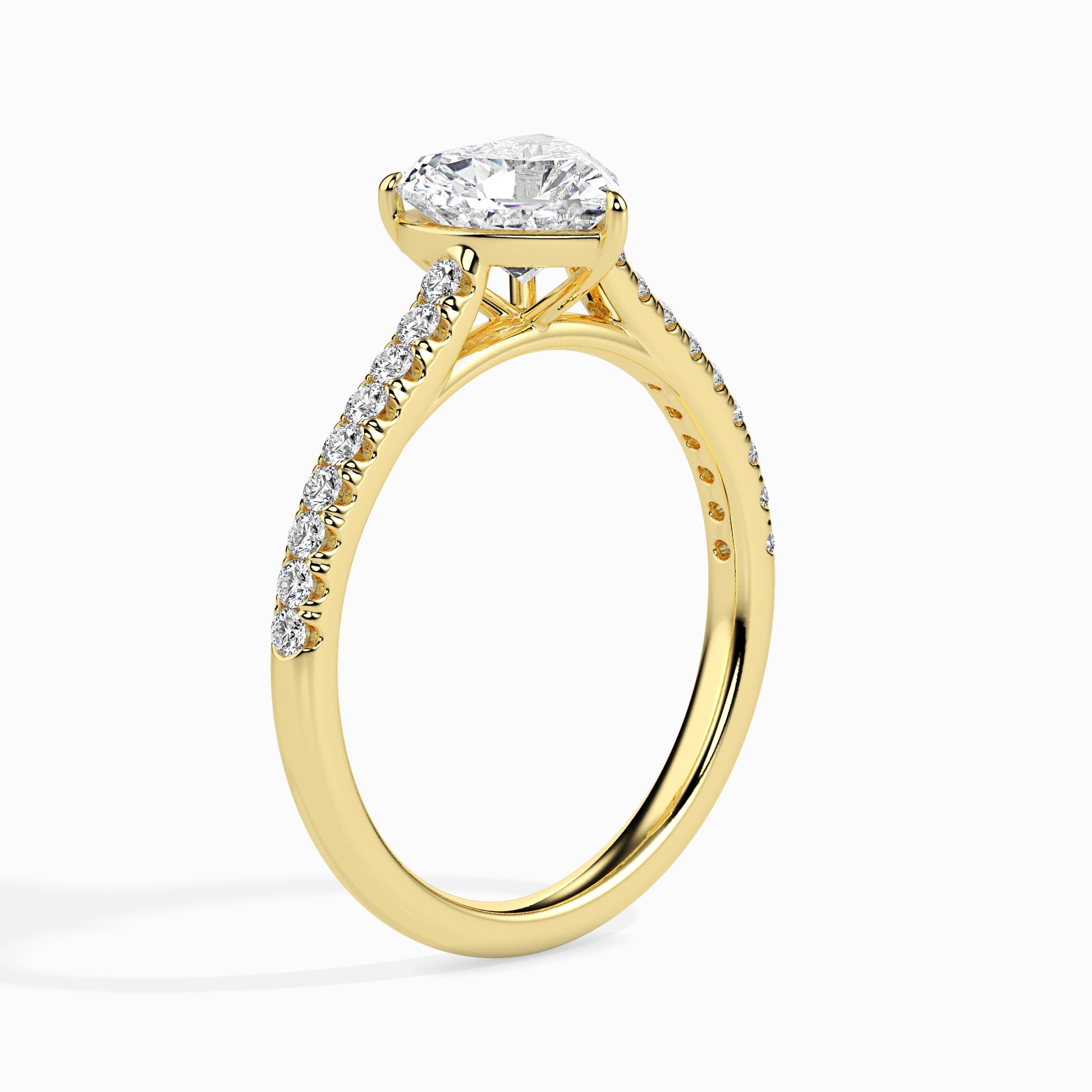18K Solid Gold Heart-Shaped Diamond Ring Pavé Band Romance Yellow Gold Side View 2 La Joyeria