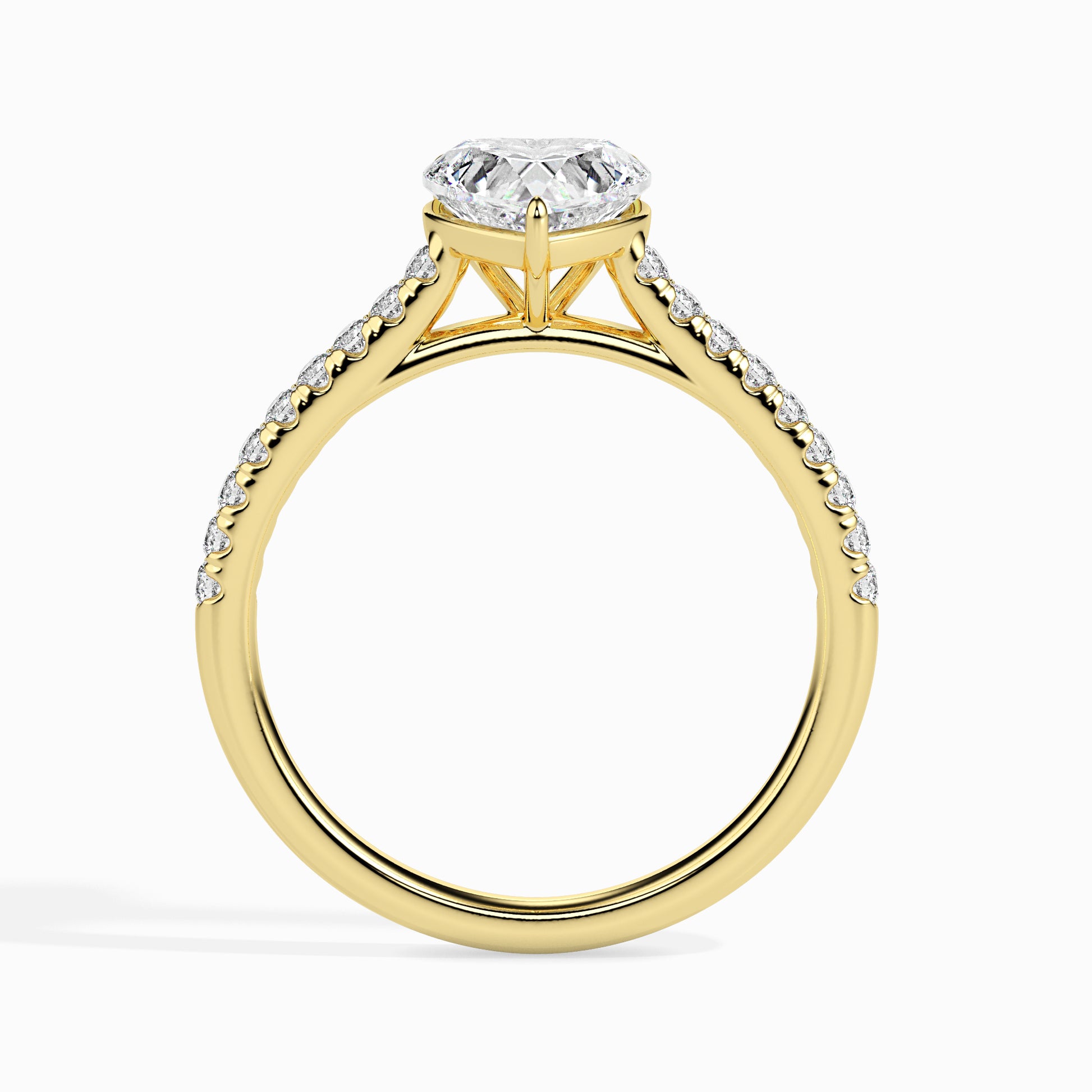 18K Solid Gold Heart-Shaped Diamond Ring Pavé Band Romance Yellow Gold Side View La Joyeria