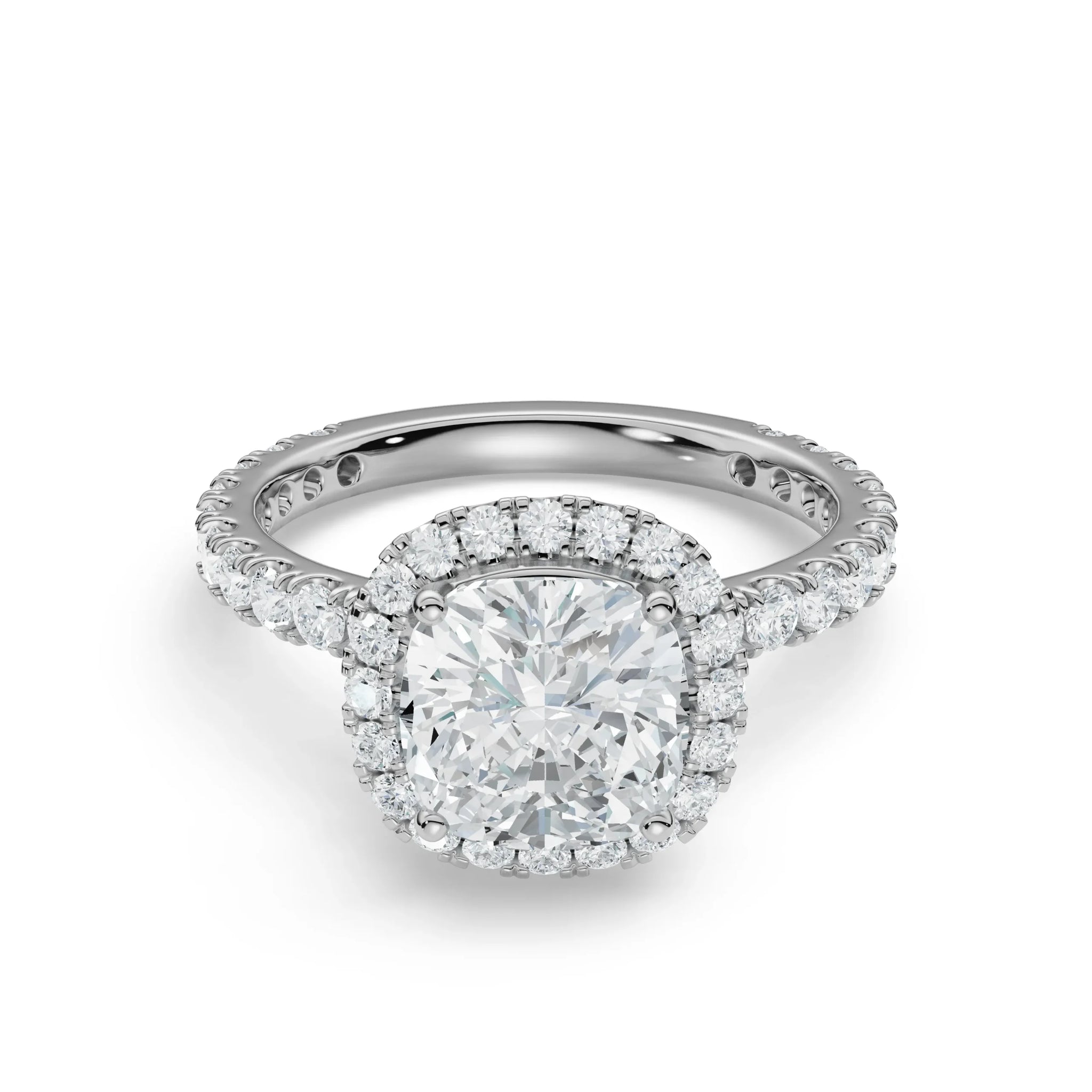 18K White Gold Cushion-Cut Diamond Halo Ring with Pavé Band