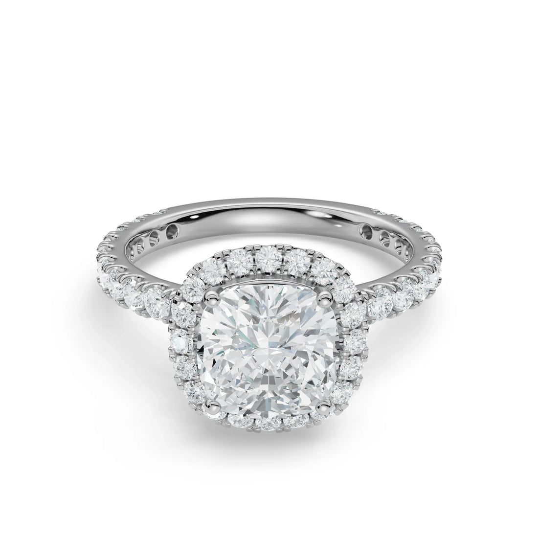 18K White Gold Cushion-Cut Diamond Halo Ring with Pavé Band
