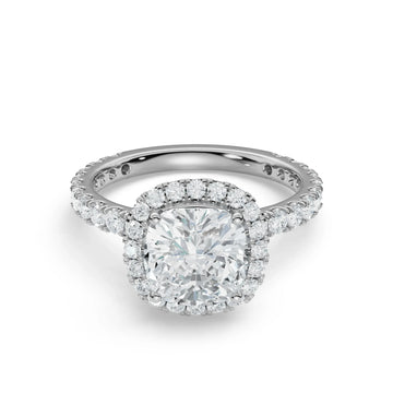 18K White Gold Cushion-Cut Diamond Halo Ring with Pavé Band