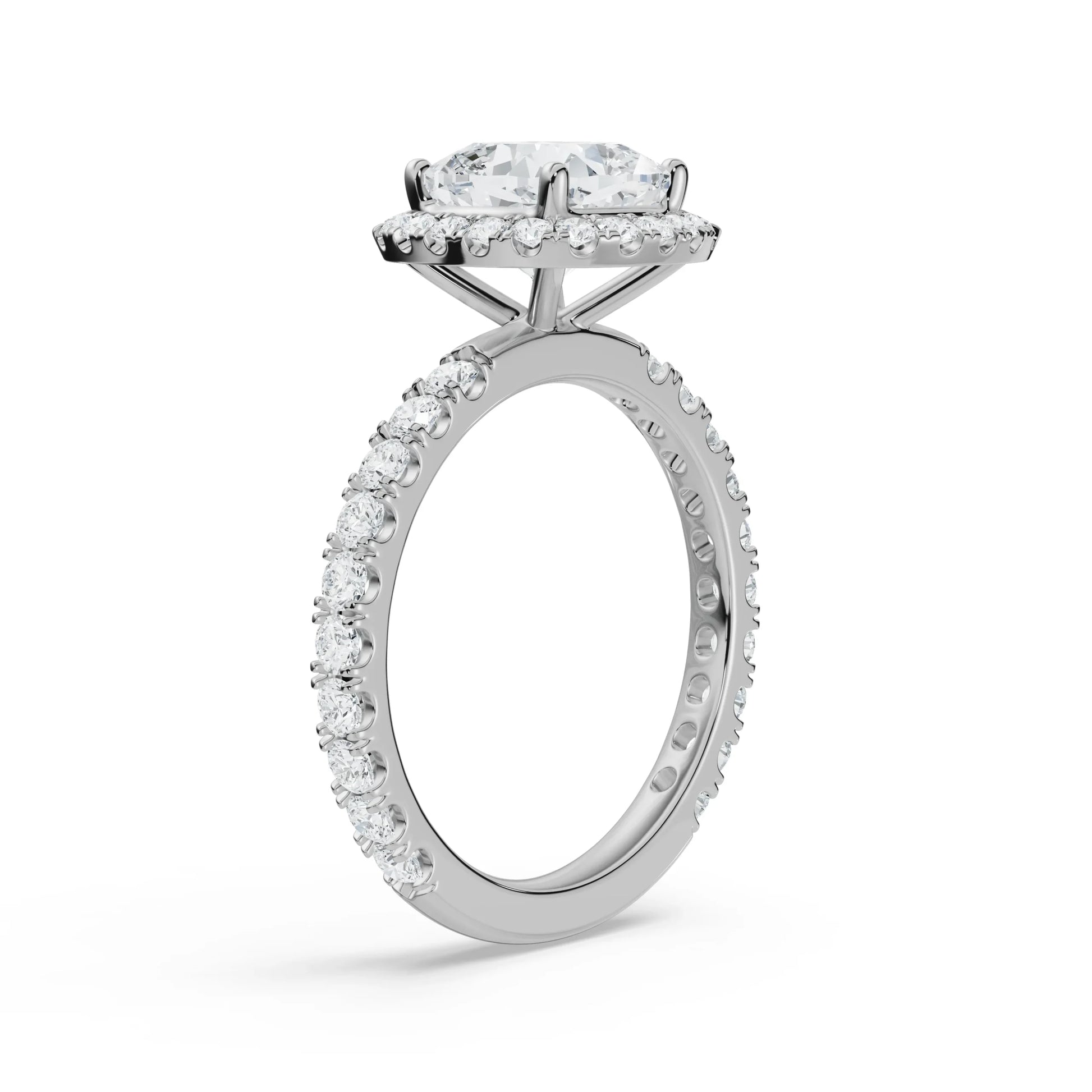 18K White Gold Cushion-Cut Diamond Halo Ring with Pavé Band Back View