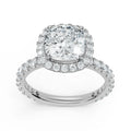 18K White Gold Cushion-Cut Diamond Halo Ring with Pavé Band Front View 
