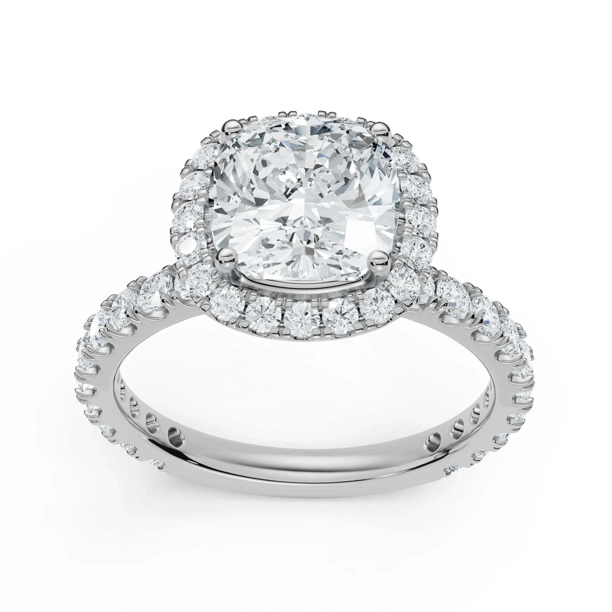 18K White Gold Cushion-Cut Diamond Halo Ring with Pavé Band Front View 
